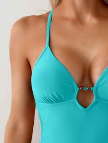 Swim Basics Summer Beach Women's Small Beaded Solid Color Hollow Out Halter One-Piece Swimsuit - Mint Blue - View 5