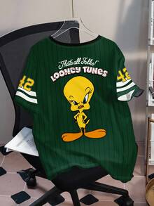 LOONEY TUNES X SHEIN 大码夏季休闲字母卡通图案圆领短袖T恤 - 白色 - 查看 2