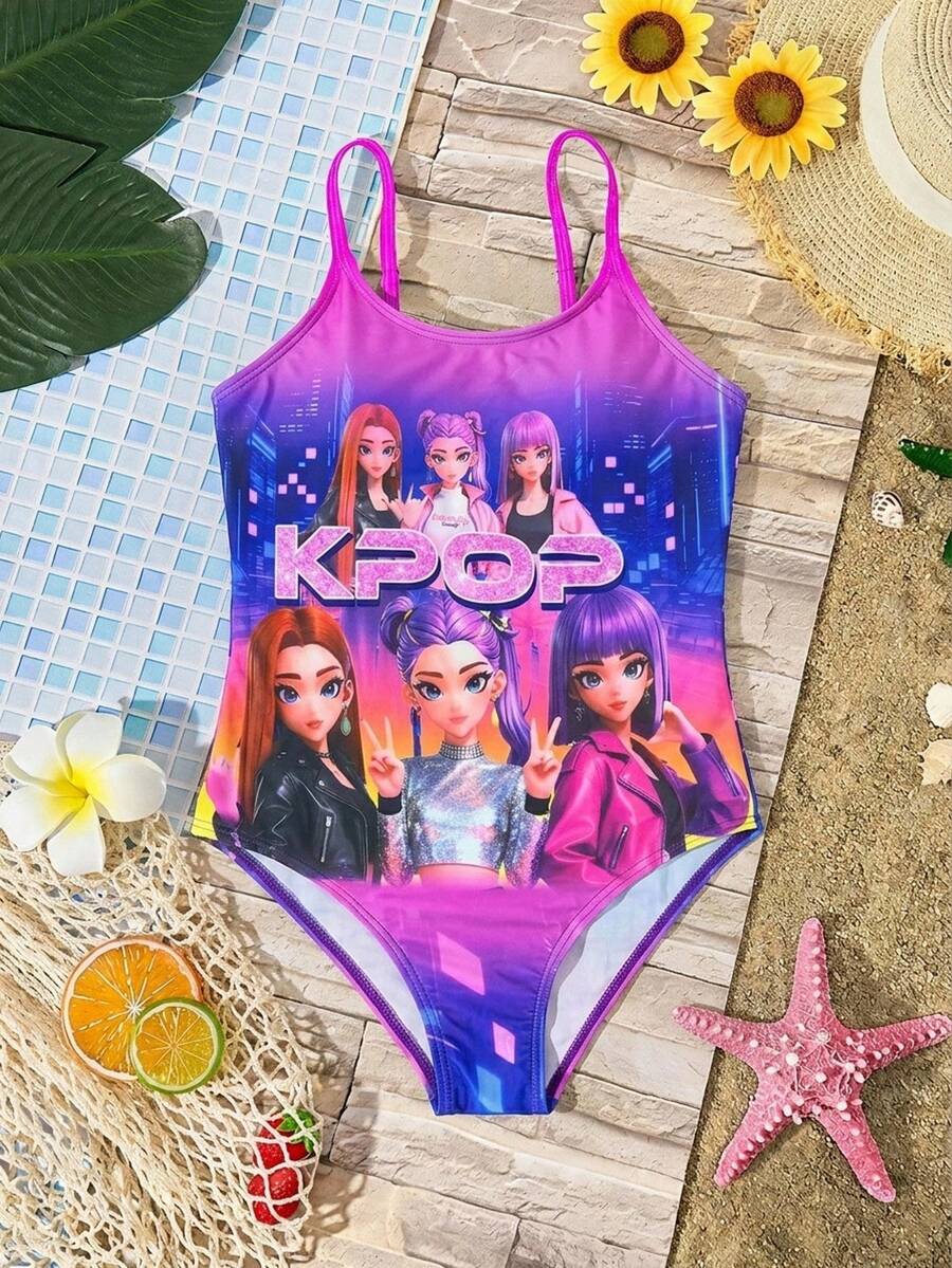Tween Girls' Casual Colorful Pattern One-Piece Swimsuit, Suitable For Summer - Multicolor - View 1