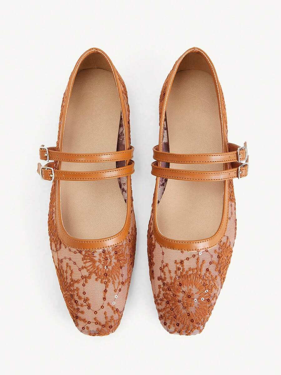 CUCCOO CHICEST Spring And Summer New Brown Lace Mesh Double Strip Flat Shoes Fashionable And Elegant Commuting Versatile Comfortable Breathable Women's Shoes - Fireworks net H8 brown - View 1