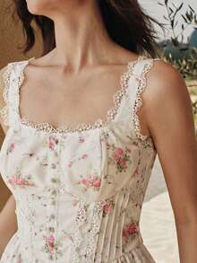 MOTF PREMIUM ALLOVER FLORAL PRINT LACE TRIM BUSTIER SHORT DRESS - Beige - View 6