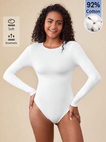 SHEIN BASICS 女款休閒百搭素色長袖連身衣 - 白色 - 查看 4