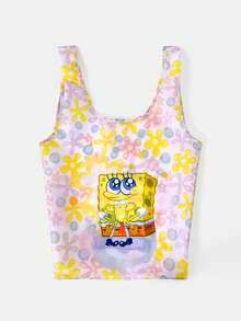 SpongeBob SquarePants | SHEIN 卡通印花可折疊購物袋，輕量防水大容量收納袋，適用於超市採購、短途旅行、日常通勤 - 珊瑚 - 查看 10