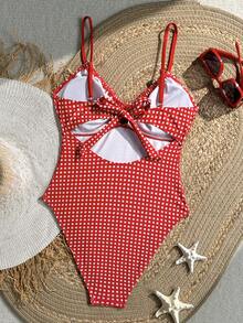 Swim Mod Women's Red Plaid Random Print Drawstring Front One-Piece Swimsuit, Suitable For Summer Beach Vacation - Red - View 2