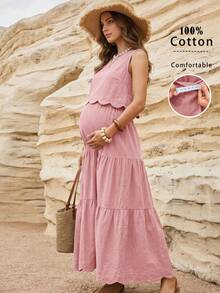 Boho Mama Maternity Vacation Casual Solid Color Tank Top & Skirt 2 Pieces Set - Dusty Pink - View 1
