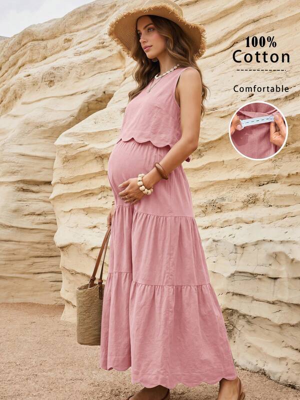 Boho Mama طقم قطعتين من توب بدون أكمام وتنورة بلون موحد كاجوال للعطلات للحوامل