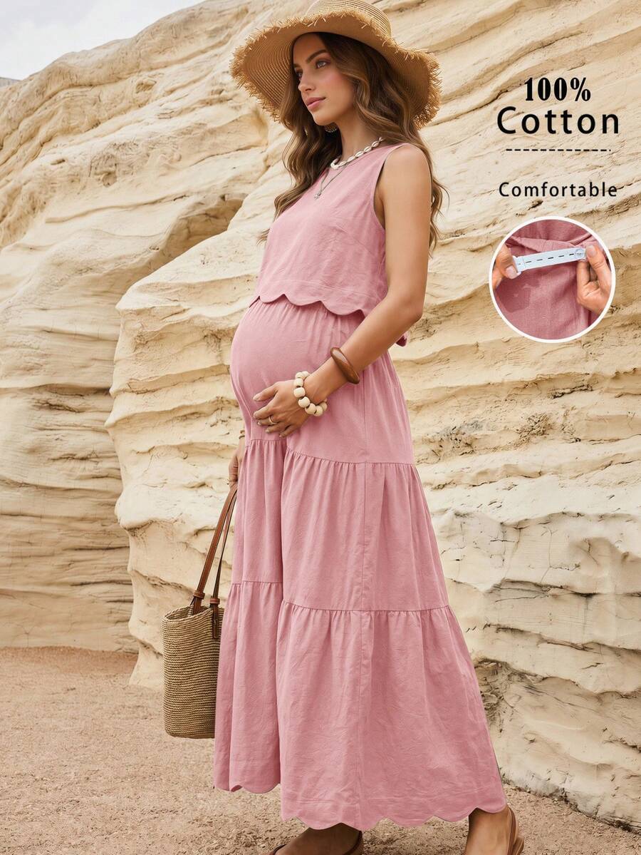 Boho Mama Maternity Vacation Casual Solid Color Tank Top & Skirt 2 Pieces Set - Dusty Pink - View 1