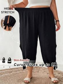 SHEIN CURVE+ Plus Size Women's Cool Fabric Black 7-Inch Pants Formal Vacation Summer Casual - Black - View 9