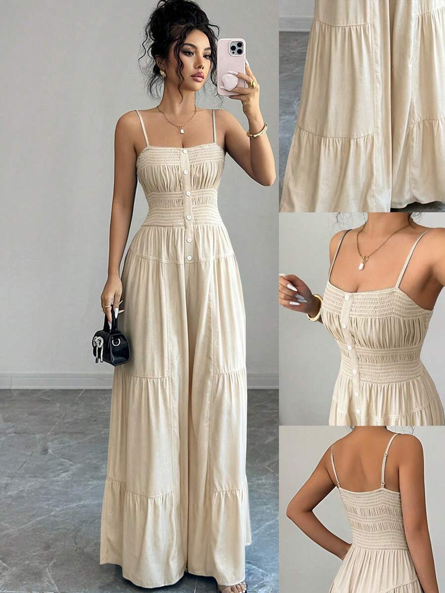 Elenzga Women's Solid Color Pleated Faux Denim Button Strap Sleeveless Ruffle Jumpsuit - Apricot - View 1