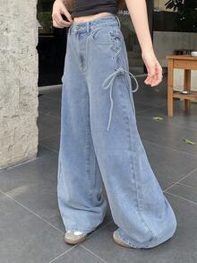 FRIFUL Women's Side Eyelet Lace-Up Wide Leg Loose Casual Denim Jeans School - Blue - View 5
