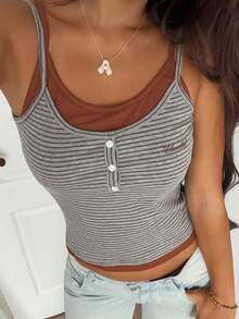 DAZY Women's Summer Casual Striped Patchwork 2 In 1 Camisole Tank Top - Coffee Brown - View 9