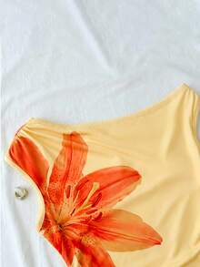 SHEIN Teen Girl Vacation Floral Print Asymmetrical Shoulder Fashion Dress - Multicolor - View 3