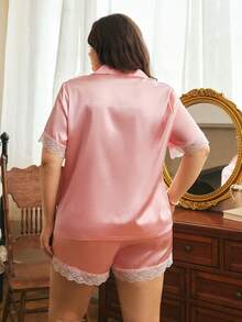 Côtesoire South France Romantic Elegant Mature Lace Patchwork Lapel Open Front Satin Plus Size Pajama Set - Baby Pink - View 2