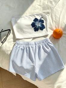 Tseoso Women's 2 Pieces: Blue-White Shorts + Blue Hibiscus Bandeau; Y2K Soft/Clean Girl; Vacation; Beach - Multicolor - View 3
