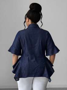 Maweii Spring/Summer Lapel Ruffle Waist Cinched Asymmetrical Hem Minimalist Casual Vacation Elegant Fashion Niche Design Daily Wear Date Wear Premium Feel New Essential Elegant Exquisite French Style Plus Size Women's Blouse - Navy Blue - View 2