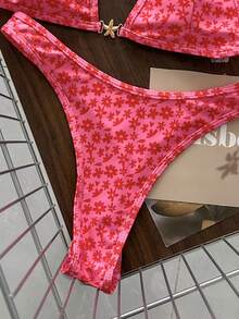 Swim Vcay 春夏季純色三角掛脖露背綁帶上衣與比基尼泳褲女款海灘度假性感兩件式泳衣套裝 - 玫紅色 - 查看 6