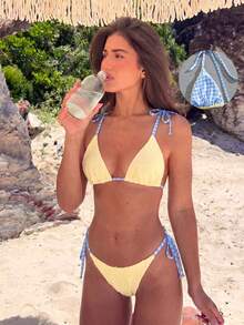 Swim Mod Conjunto de bikini de tela texturizada con estampado de cuadros, sexy y dulce, para vacaciones de playa en primavera/verano - Amarillo - Ver 1