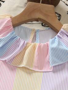 SHEIN Elladie kids 2件裝少女時尚馬卡龍彩色直條紋無袖彼得潘領上衣與寬腿褲套裝，適合日常通勤、休閒度假、春夏出遊、返校 - 彩色 - 查看 4