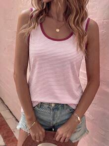 EMERY ROSE Fashion Casual Basic New Retro Color-Block Striped Contrast Burgundy Collar And Cuffs Women's Tank Top - Multicolor - View 3