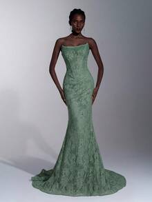 Elitara Elegant Romantic Lace Strapless Mesh Sheer Bodice With Boning, Exquisite Heavy Beading, Ruched Waist, Back Hip Gathering For Butt Lift Effect, Mermaid Style Extra Long Train, Suitable For Date, Red Carpet, Wedding Events And All Formal Occasions, Bridal Wedding Dress Gown - Green - View 3