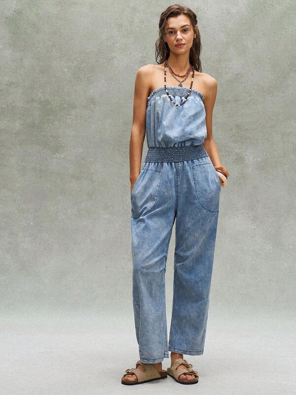 Bohemela Casual Solid Color Woven Denim Bandeau Women's Jumpsuit
