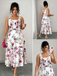 SHEIN CURVE+ Plus Size Women's Floral Print Casual Elegant Party Brunch Dinner Dress Wedding Floral White Summer - Multicolor - View 1