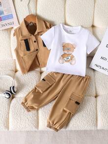 SHEIN Playful Pals 男婴工装口袋背心套装，包含字母印花短袖T恤和休闲工装裤，时尚百搭，清爽舒适面料，适合夏季室内外穿着 - 卡其色 - 查看 7