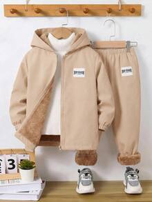 SHEIN 2件組兒童青少年藍色外套與棕色保暖毛絨內搭褲編織套裝，適合通勤、上學、日常休閒、度假旅行、運動，適用冬季與新年出遊 - 卡其色 - 查看 9