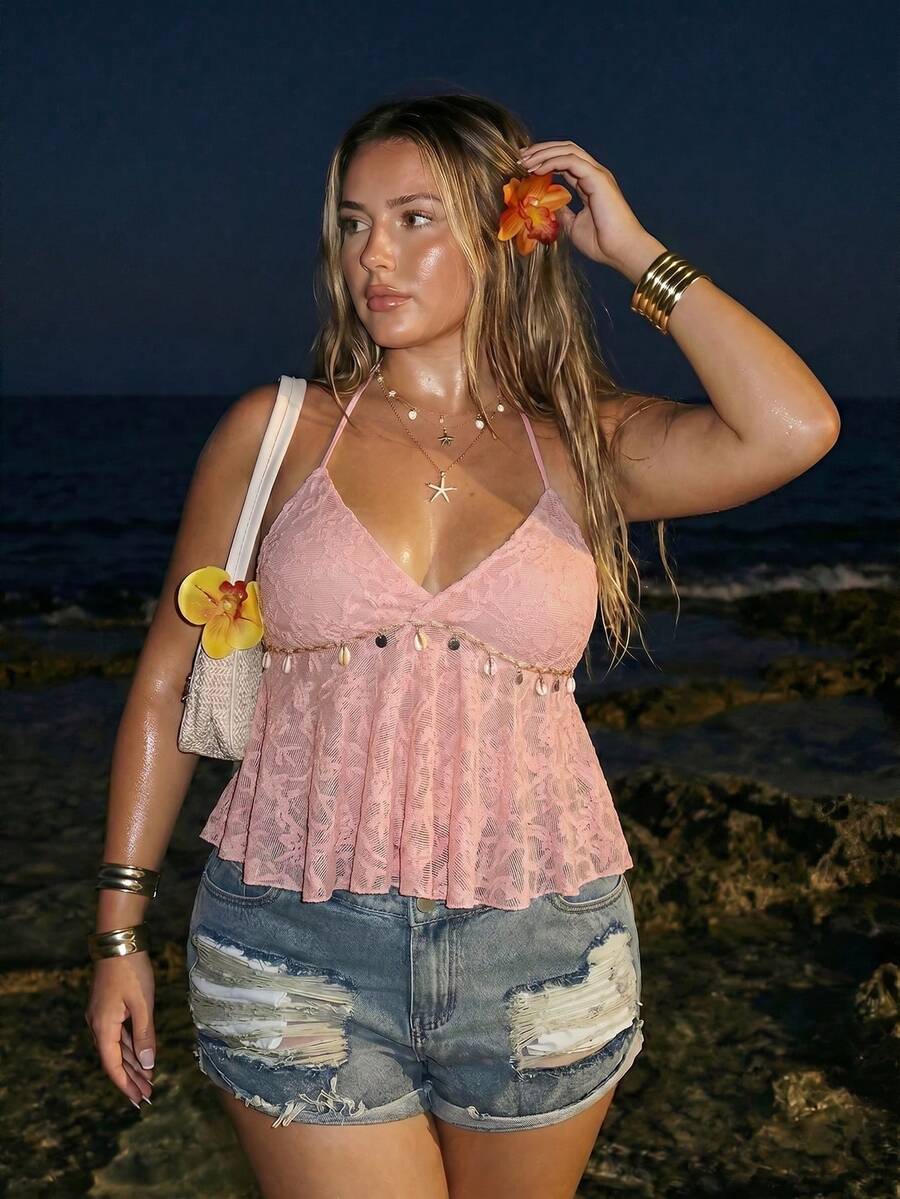 SHEIN ICON Plus Size Knit Halter Neck Shell Tassel Decor Babydoll Backless Tank Top - Pink - View 1