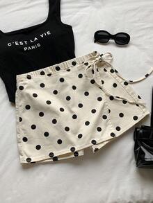 CovetEZ Falda-pantalón de mezclilla casual para mujer con estampado de lunares y lazo en la cintura lateral - Blanco - Ver 5