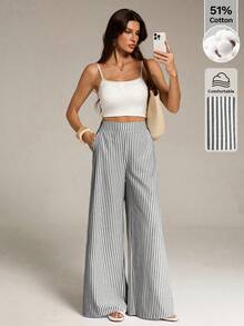 Pantalones rectos de cintura alta cómodos a rayas para mujer alta, primavera/verano - En blanco y negro - Ver 6