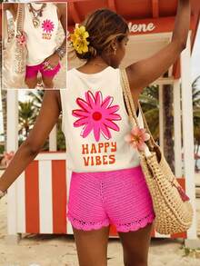 DrmWander Plus Size Women's Floral & Letter Print Round Neck Summer Tank Top - Apricot - View 1