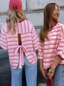 SHEIN Frenchy Women's Striped Colorblock Casual Versatile Everyday T-Shirt - Light Yellow - View 7
