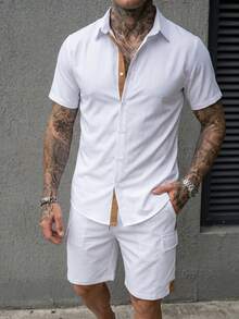 Manfinity CasualCool 男士多色襯衫套裝，白色拼接面料，春夏季成熟休閒短袖襯衫與短褲套裝 - 彩色 - 查看 3