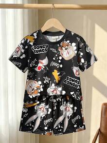 LOONEY TUNES X SHEIN 2件組 小男孩休閒可愛卡通印花圓領短袖T恤與短褲套裝，夏季 - 黑色 - 查看 2