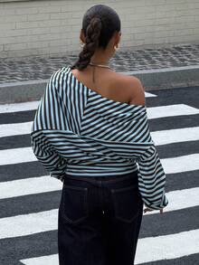 Muchica 女款度假風不對稱藍色條紋長袖運動衫，街頭風，鄉村風 - 彩色 - 查看 2