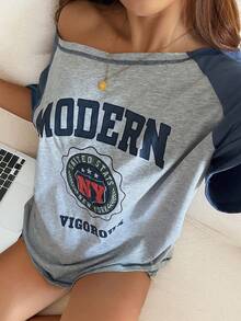 DAZY Women's Summer Casual Color Block Patchwork Letter Print Asymmetric Collar T-Shirt Oversized - Grey - View 2