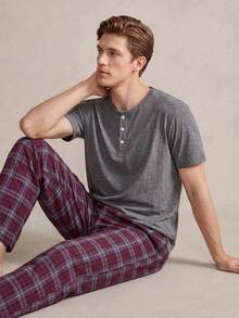 EverLounge Men's Solid Color Crew Neck Short Sleeve Top And Plaid Long Pants Casual Daily Homewear Set - Dark Grey - View 1