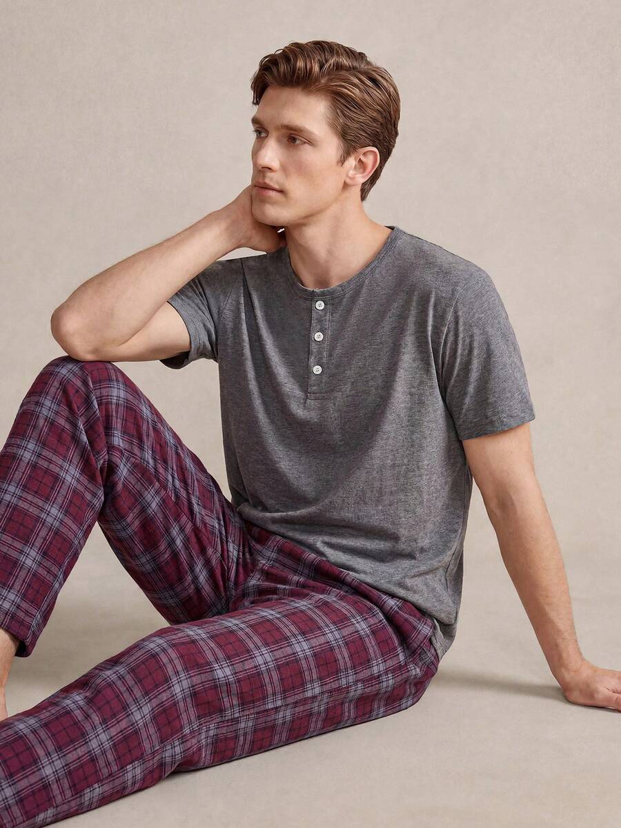 EverLounge Men's Solid Color Crew Neck Short Sleeve Top And Plaid Long Pants Casual Daily Homewear Set - Dark Grey - View 1