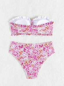 Swim Vcay 女款夏季海灘度假新款可愛平口式荷葉邊甜美小碎花精緻珍珠吊墜抽繩繫帶比基尼套裝 - 彩色 - 查看 5