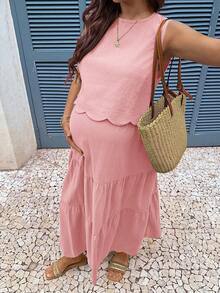 Boho Mama Maternity Vacation Casual Solid Color Tank Top & Skirt 2 Pieces Set - Dusty Pink - View 5
