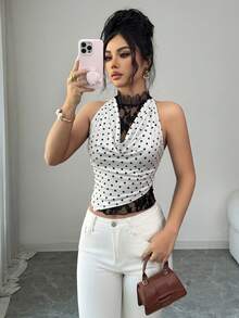 SHEIN Elenzya 女款圓點印花對比蕾絲荷葉邊領背心上衣 - 白色 - 查看 4