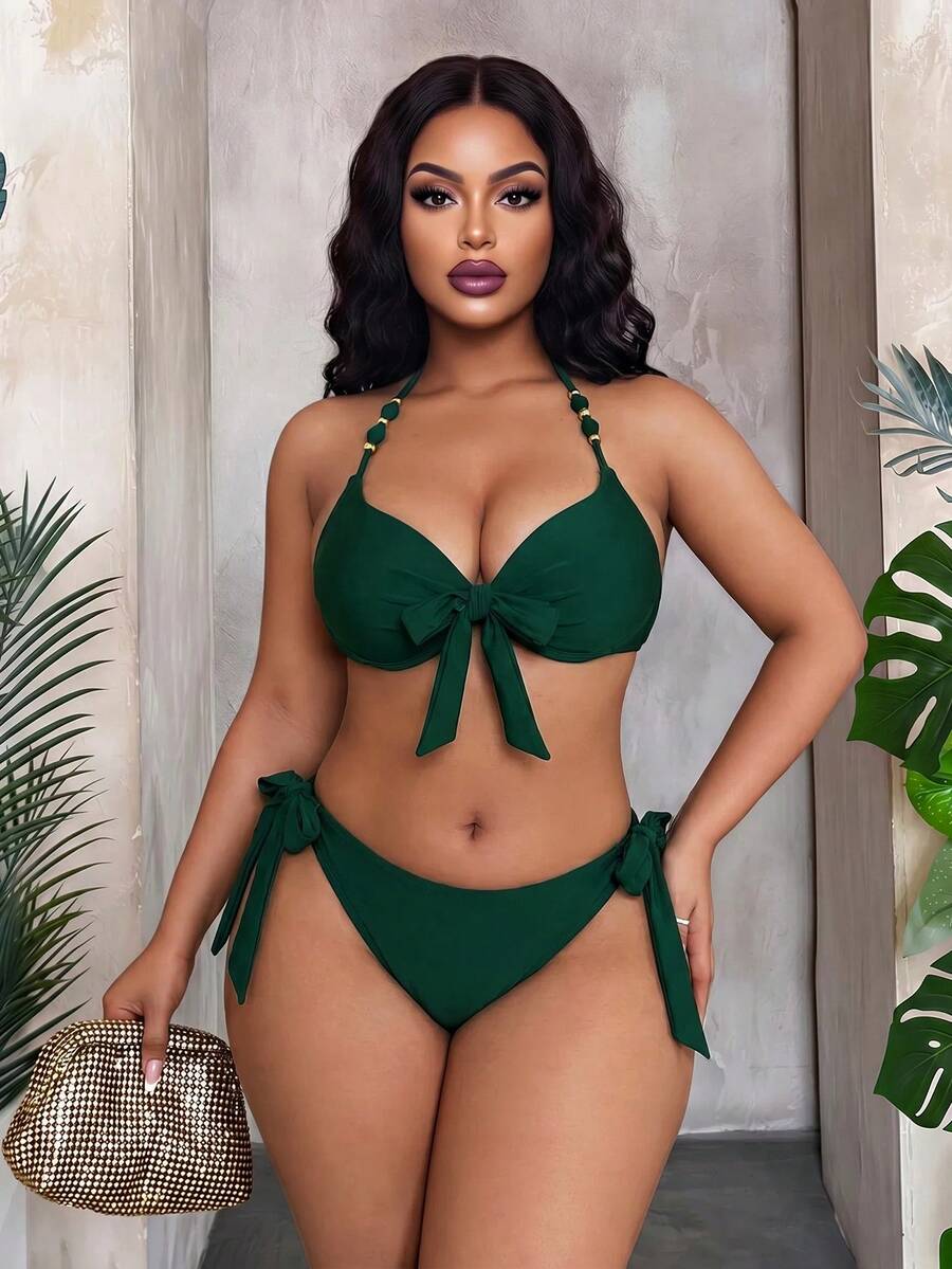 Maweii Plus Size Sexy Metal Underwire Bikini Set, Adjustable Halter Neck For Summer Beach Vacation - Dark Green - View 1