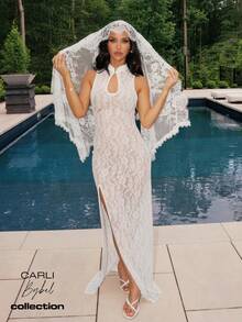 MISSGUIDED X Carli Bybel 高領蕾絲長洋裝，前胸開孔設計、大腿開衩，正式晚宴婚禮賓客貼身無袖白色透視洋裝 - 白色 - 查看 1