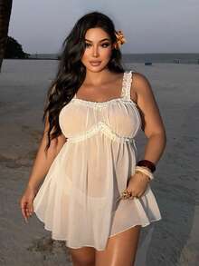 Dazy Plus Sexy Minimalist Sexy Home Wear Sheer Mesh Strap Dress Plus Size Women Spring Summer Elegant White Nightgown Pajamas - White - View 7
