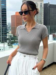 DAZY 女款純色 Polo 領短袖休閒度假針織上衣，春夏校園風 - 灰色 - 查看 5