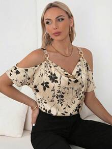 SHEIN Clasi Allover Print Cold Shoulder Chain Detail Blouse Off Shoulder Top - Khaki - View 6