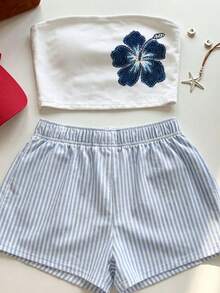Tseoso Women's 2 Pieces: Blue-White Shorts + Blue Hibiscus Bandeau; Y2K Soft/Clean Girl; Vacation; Beach - Multicolor - View 6