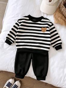 SHEIN 2件/套 青少年男孩 青少年女孩 青少年男孩 秋冬條紋圓領運動衫 & 長褲運動套裝慢跑褲，冬季衣物 - 黑與白 - 查看 3