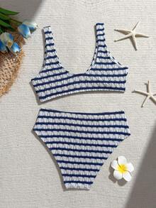SHEIN Teen Girl Striped Metal Buckle Tank Top And Triangle Bikini Bottom Swimsuit Set For Vacation Beach - Navy Blue - View 4